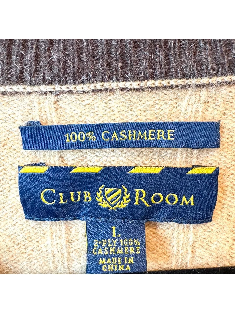 Club Room 100% Cashmere V-Neck Sweater Men’s Large Camel Tan Ribbed Knit Fall